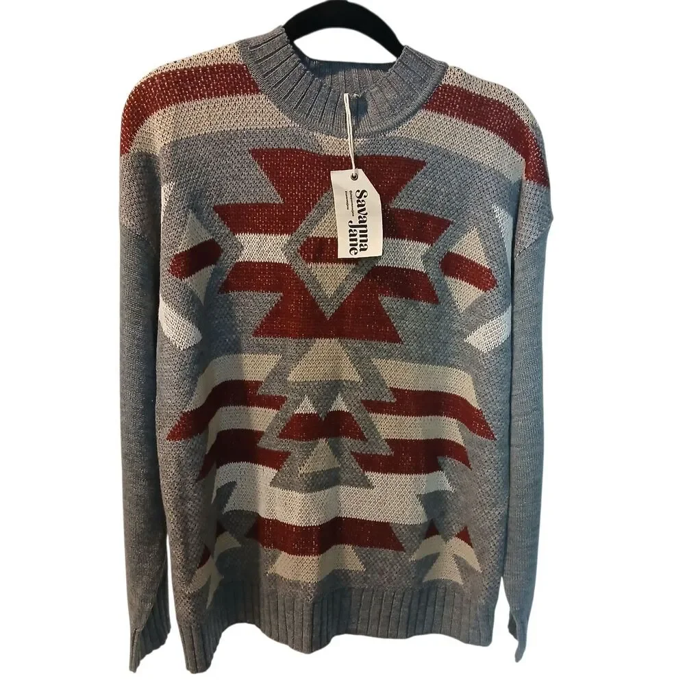 NEW Savanna Jane High Neck Aztec Chic Long Sleeve Cozy Sweater US Women's Large